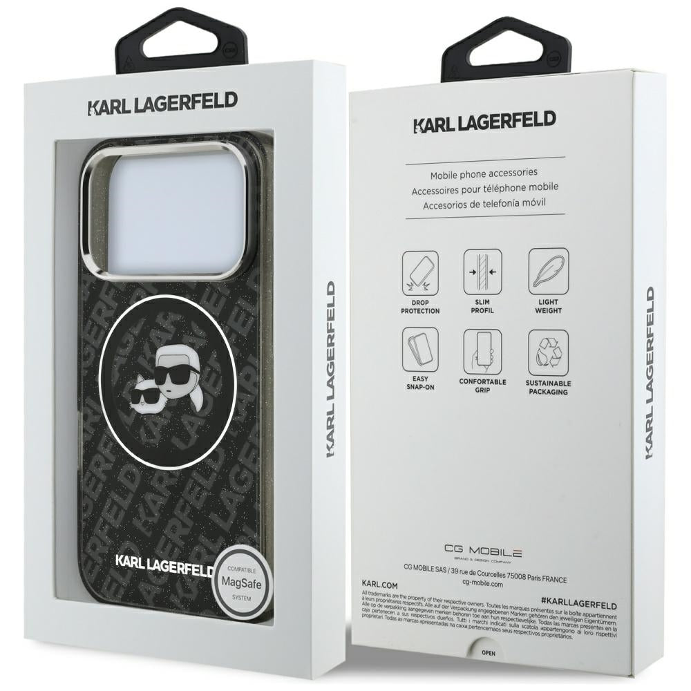Husa MagSafe za Apple iPhone 17 Pro, Karl Lagerfeld, Glitter Karl & Choupette Head, Crna