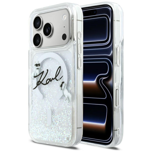 Husa MagSafe za Apple iPhone 17 Pro, Karl Lagerfeld, Glitter Karl Script Logo, Transparentna