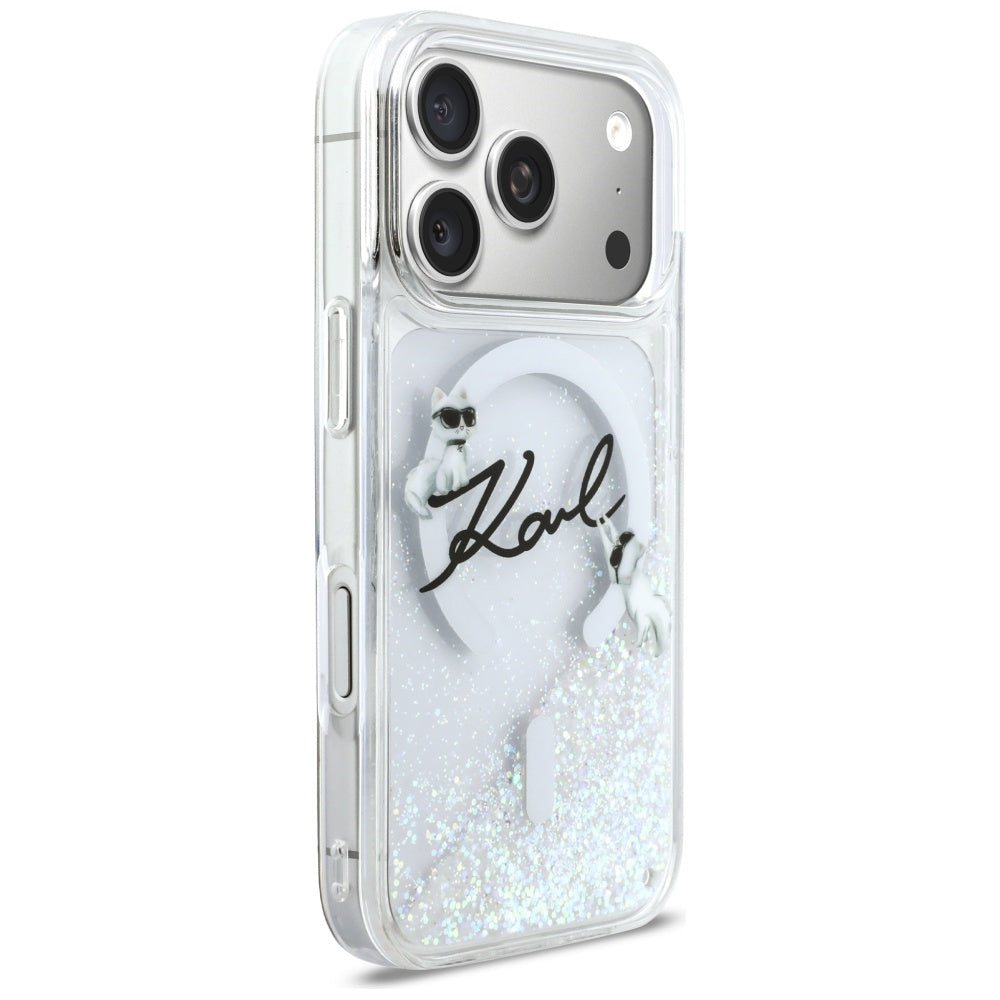 Husa MagSafe za Apple iPhone 17 Pro, Karl Lagerfeld, Glitter Karl Script Logo, Transparentna