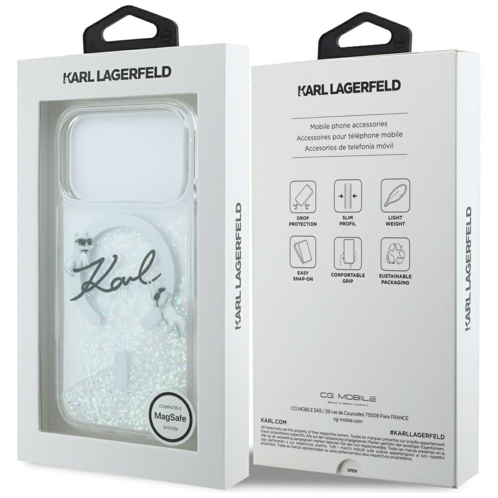 Husa MagSafe za Apple iPhone 17 Pro, Karl Lagerfeld, Glitter Karl Script Logo, Transparentna