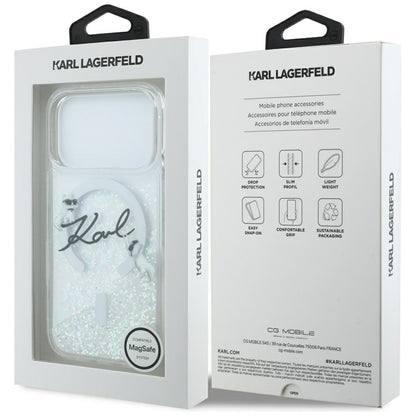 Husa MagSafe za Apple iPhone 17 Pro, Karl Lagerfeld, Glitter Karl Script Logo, Transparentna
