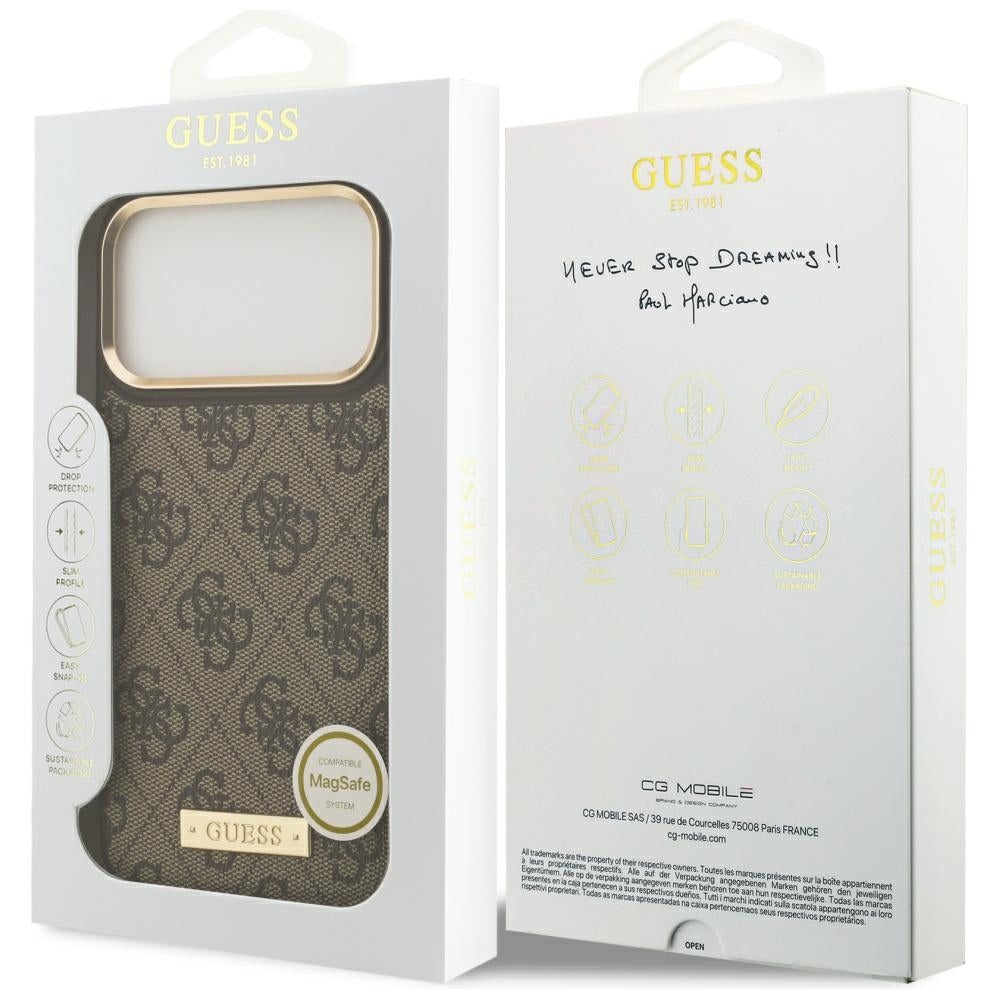 Futrola MagSafe za Apple iPhone 17 Pro Max, Guess, 4G Logo Plate, Braon