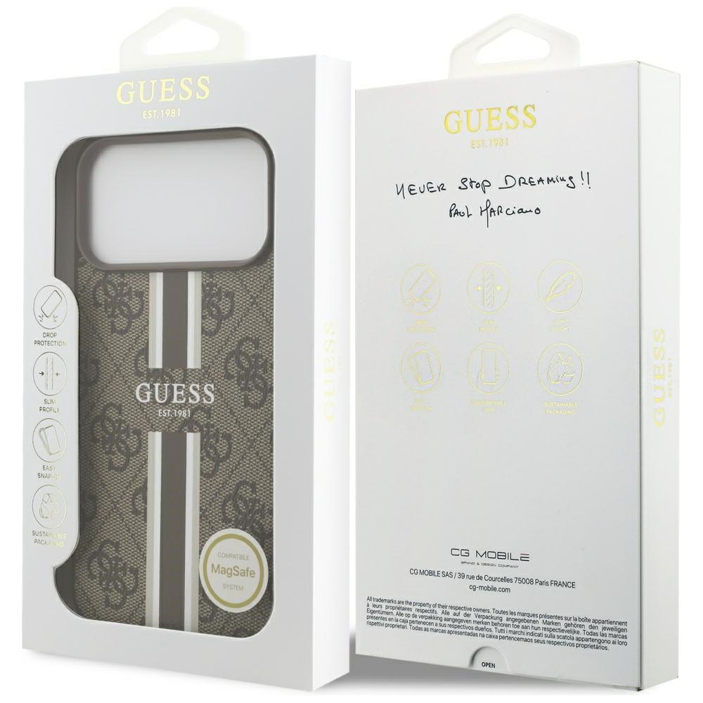 Futrola MagSafe za Apple iPhone 17 Pro Max, Guess, 4G Printed Stripes, Braon