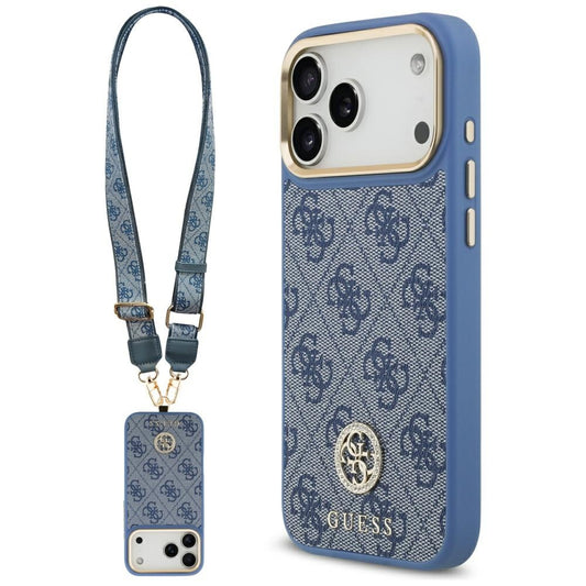 Husa MagSafe za Apple iPhone 17 Pro Max, Guess, 4G Strass Logo with Big Strap, Plava