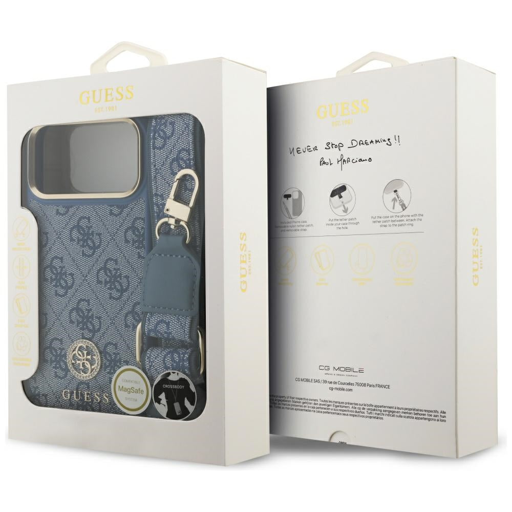 Husa MagSafe za Apple iPhone 17 Pro Max, Guess, 4G Strass Logo with Big Strap, Plava