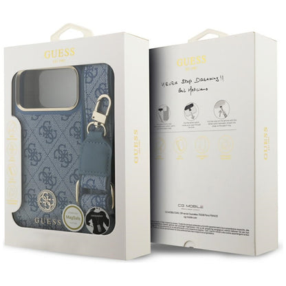 Husa MagSafe za Apple iPhone 17 Pro Max, Guess, 4G Strass Logo with Big Strap, Plava