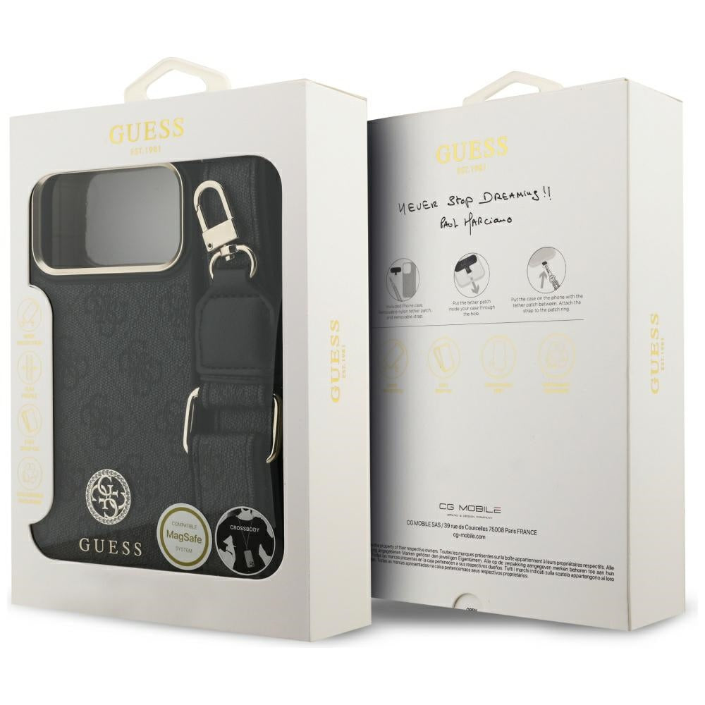 Futrola MagSafe za Apple iPhone 17 Pro Max, Guess, 4G Strass Logo with Big Strap, Crna