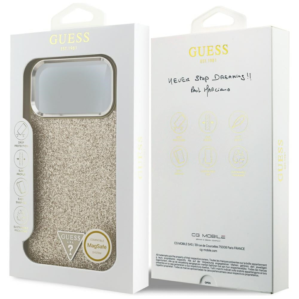 Husa MagSafe za Apple iPhone 17 Pro Max, Guess, Glitter Triangle Logo, Zlatna