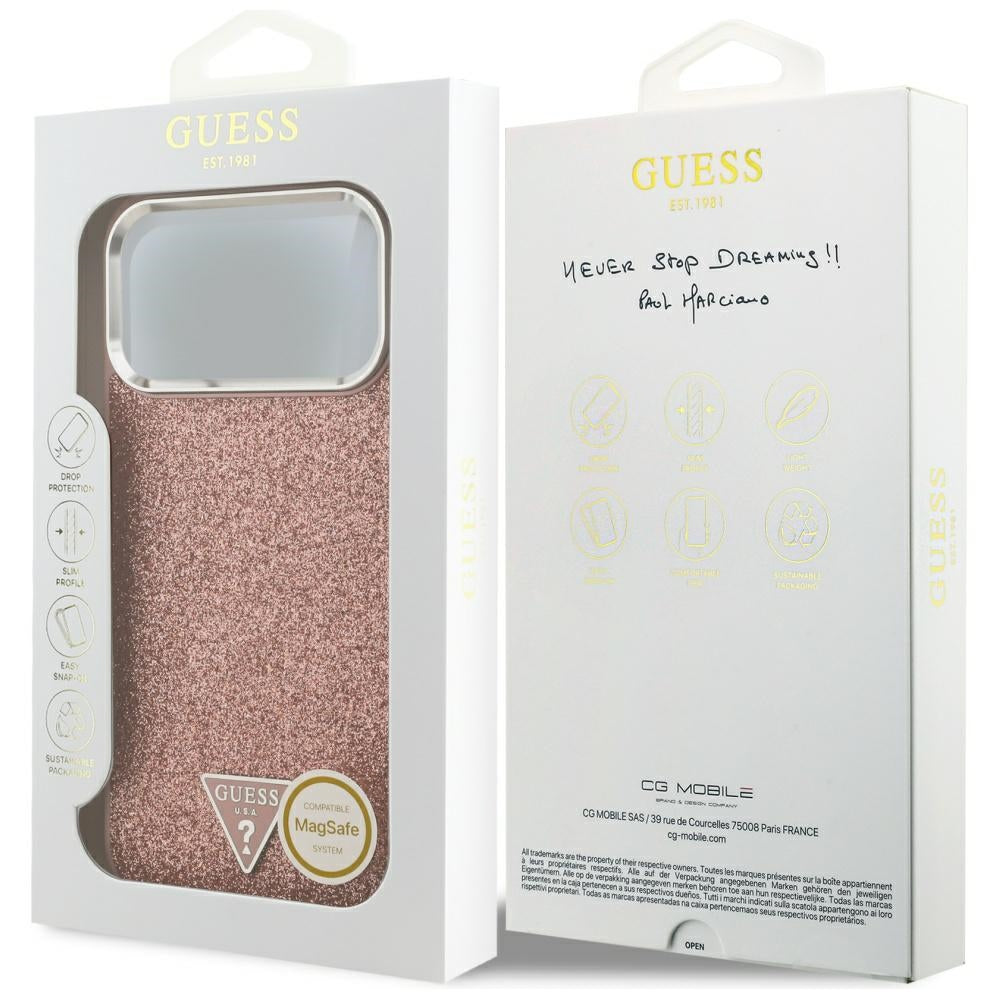 Husa MagSafe za Apple iPhone 17 Pro Max, Guess, Glitter Triangle Logo, Roze