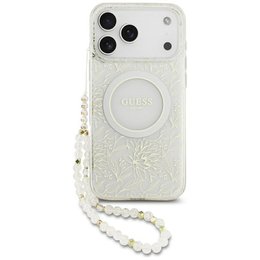Husa MagSafe za Apple iPhone 17 Pro Max, Guess, IML Flowers Allover Electroplated with Pearl Strap, Bela