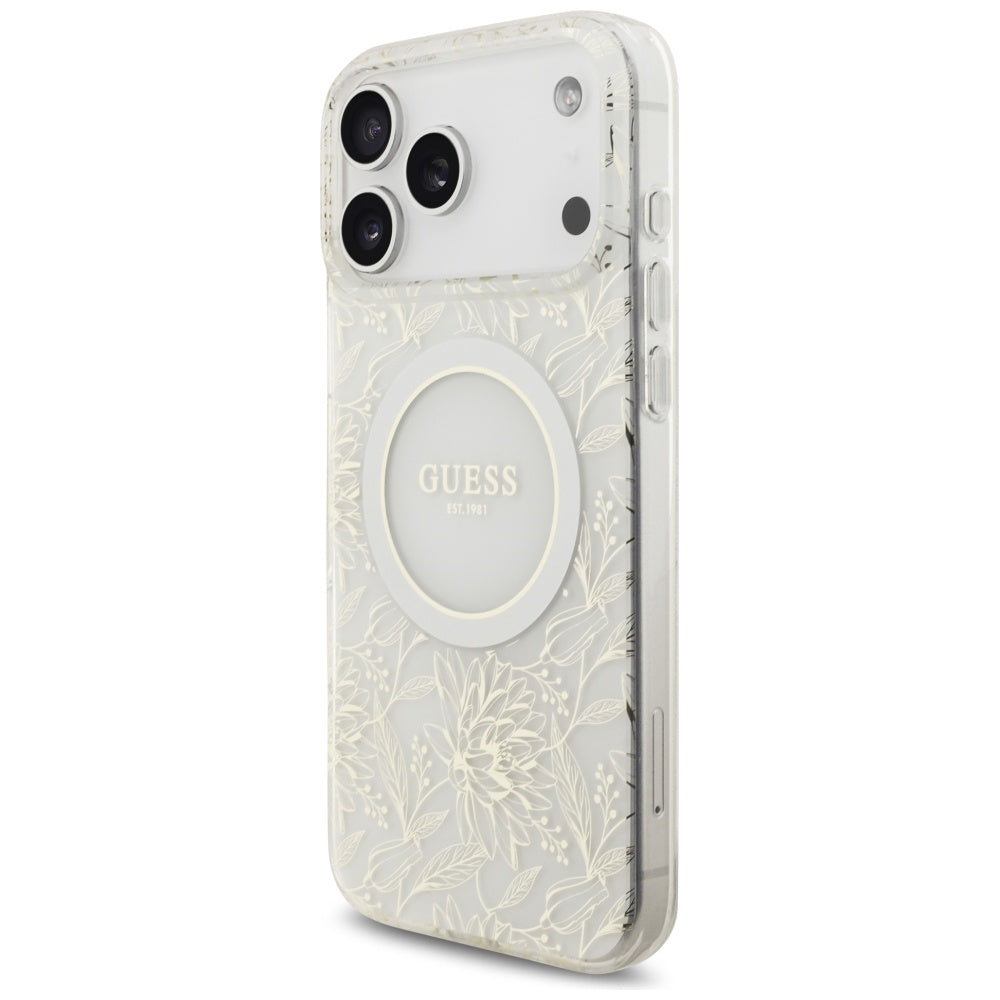 Husa MagSafe za Apple iPhone 17 Pro Max, Guess, IML Flowers Allover Electroplated with Pearl Strap, Bela