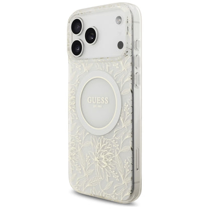 Husa MagSafe za Apple iPhone 17 Pro Max, Guess, IML Flowers Allover Electroplated with Pearl Strap, Bela