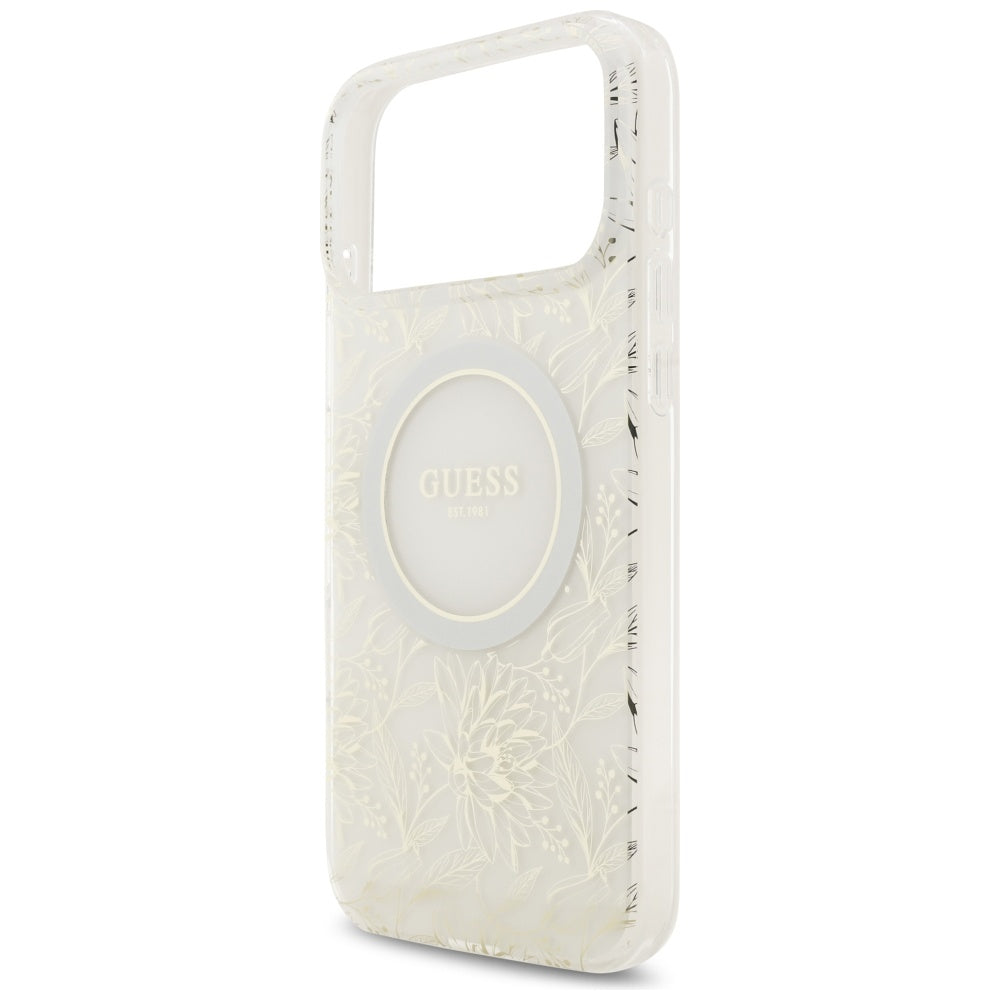Husa MagSafe za Apple iPhone 17 Pro Max, Guess, IML Flowers Allover Electroplated with Pearl Strap, Bela