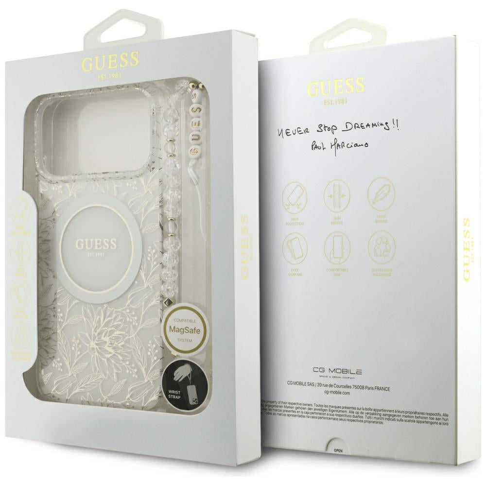 Husa MagSafe za Apple iPhone 17 Pro Max, Guess, IML Flowers Allover Electroplated with Pearl Strap, Bela
