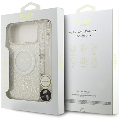Husa MagSafe za Apple iPhone 17 Pro Max, Guess, IML Flowers Allover Electroplated with Pearl Strap, Bela