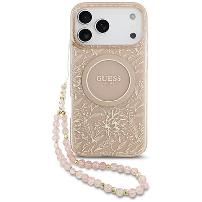 Futrola MagSafe za Apple iPhone 17 Pro Max, Guess, IML Flowers Allover Electroplated with Pearl Strap, Roze