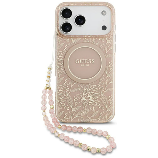 Futrola MagSafe za Apple iPhone 17 Pro Max, Guess, IML Flowers Allover Electroplated with Pearl Strap, Roze