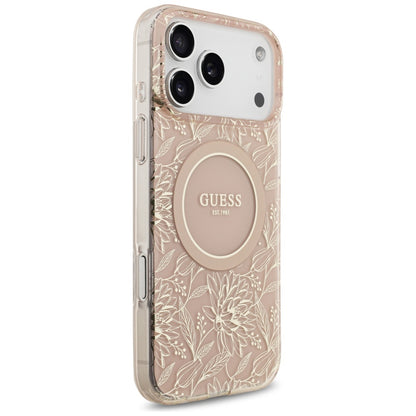Futrola MagSafe za Apple iPhone 17 Pro Max, Guess, IML Flowers Allover Electroplated with Pearl Strap, Roze