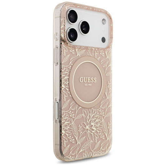 Futrola MagSafe za Apple iPhone 17 Pro Max, Guess, IML Flowers Allover Electroplated with Pearl Strap, Roze