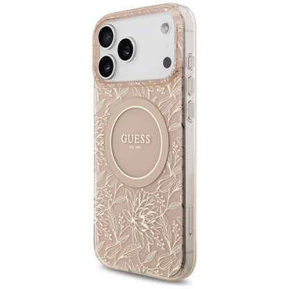 Futrola MagSafe za Apple iPhone 17 Pro Max, Guess, IML Flowers Allover Electroplated with Pearl Strap, Roze
