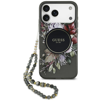 Husa MagSafe za Apple iPhone 17 Pro Max, Guess, IML Flowers with Pearl Strap, Crna