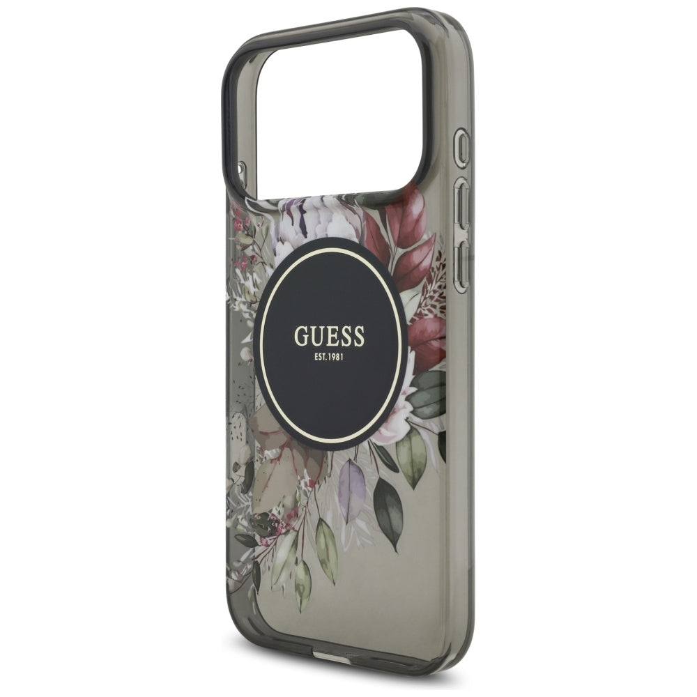 Husa MagSafe za Apple iPhone 17 Pro Max, Guess, IML Flowers with Pearl Strap, Crna