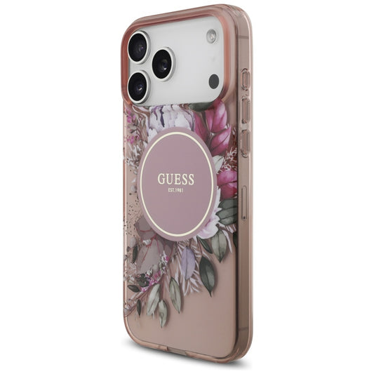Futrola MagSafe za Apple iPhone 17 Pro Max, Guess, IML Flowers with Pearl Strap, Roze