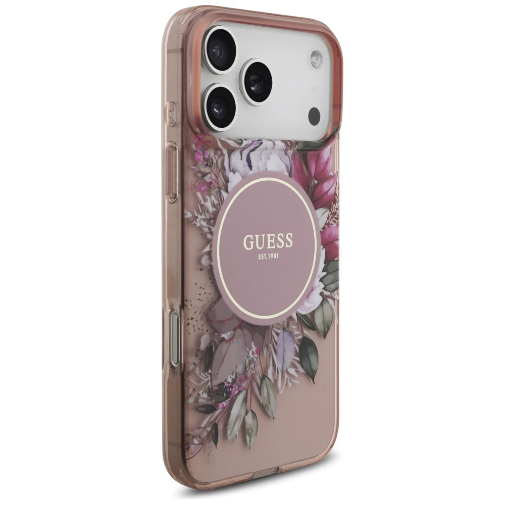 Futrola MagSafe za Apple iPhone 17 Pro Max, Guess, IML Flowers with Pearl Strap, Roze