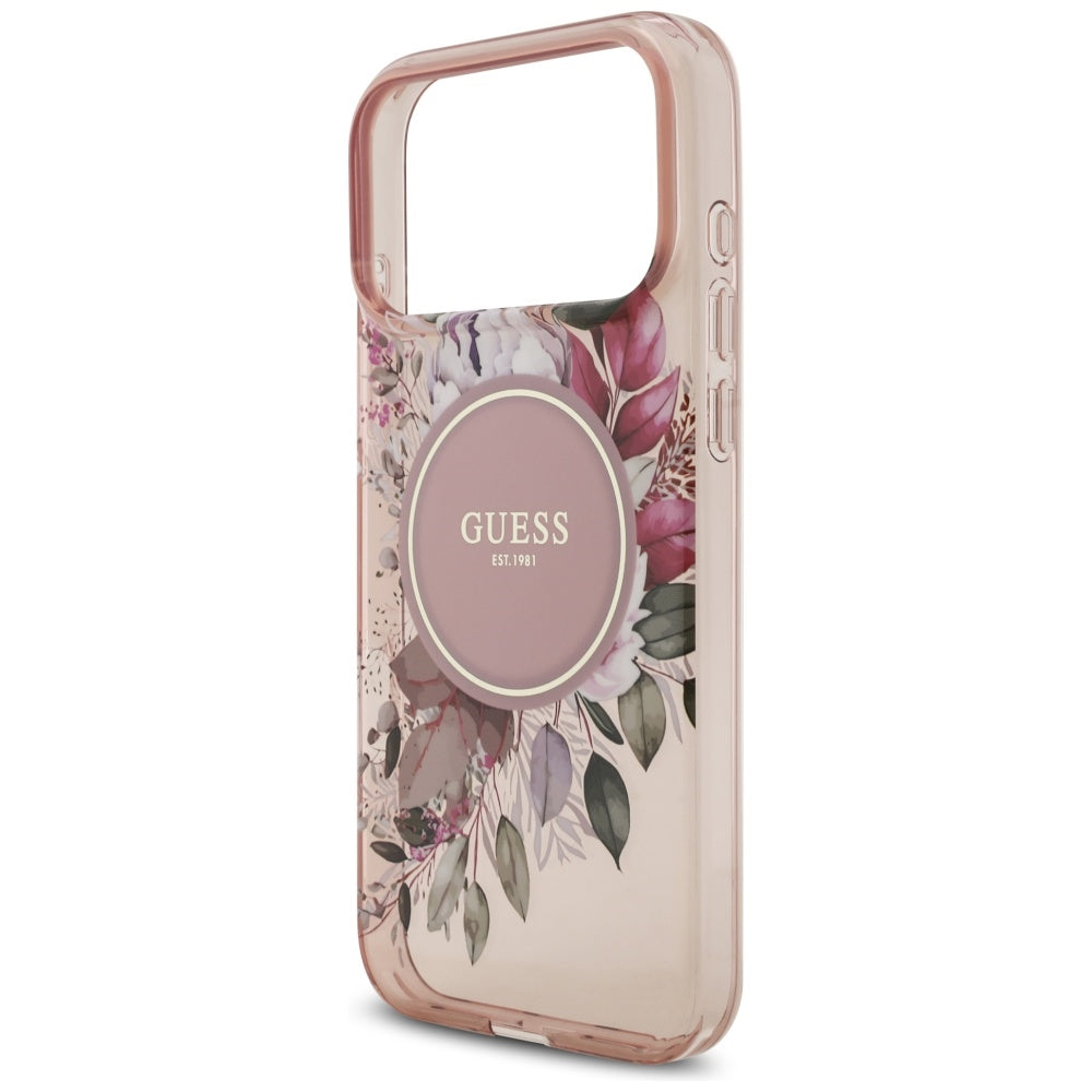 Futrola MagSafe za Apple iPhone 17 Pro Max, Guess, IML Flowers with Pearl Strap, Roze