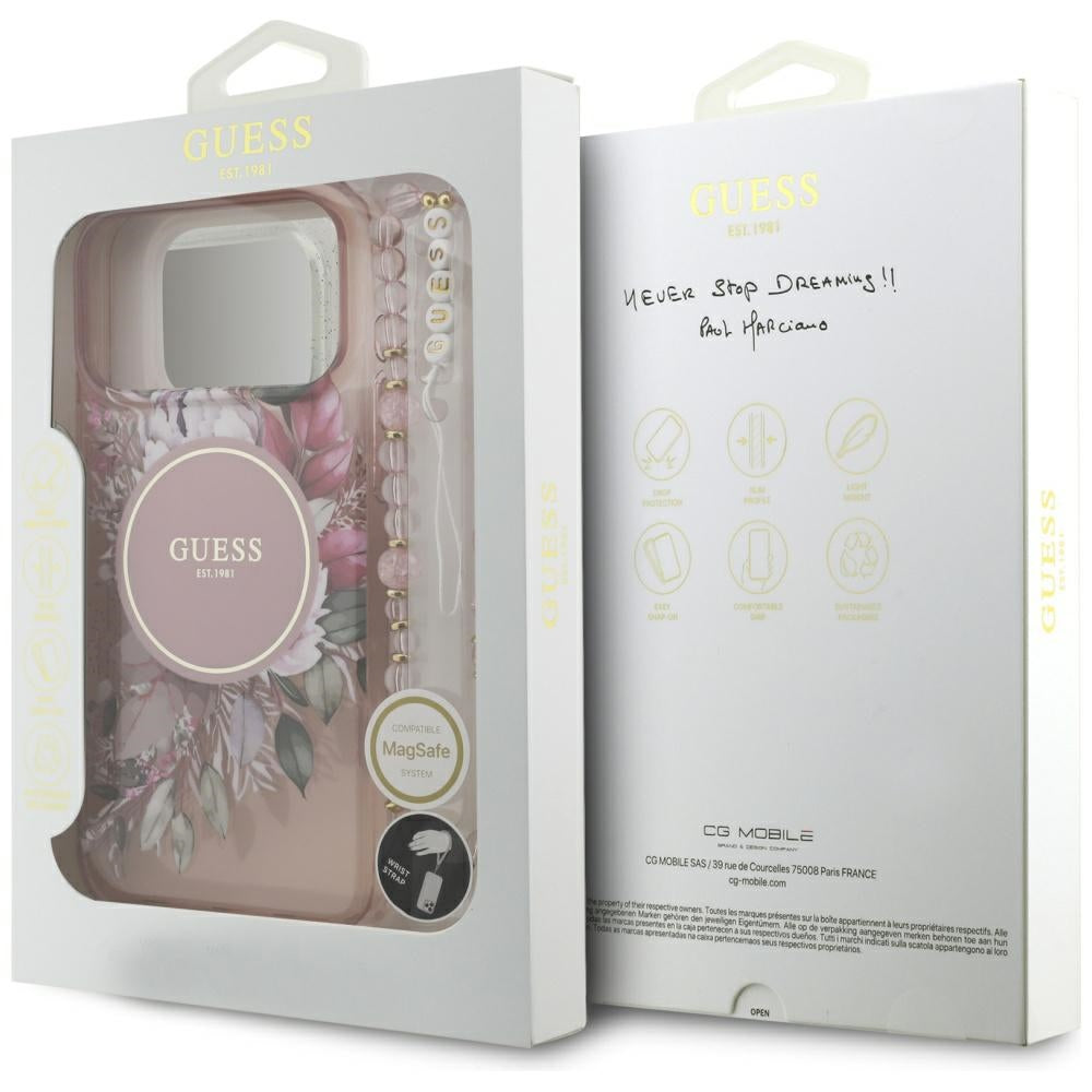 Futrola MagSafe za Apple iPhone 17 Pro Max, Guess, IML Flowers with Pearl Strap, Roze