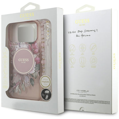 Futrola MagSafe za Apple iPhone 17 Pro Max, Guess, IML Flowers with Pearl Strap, Roze