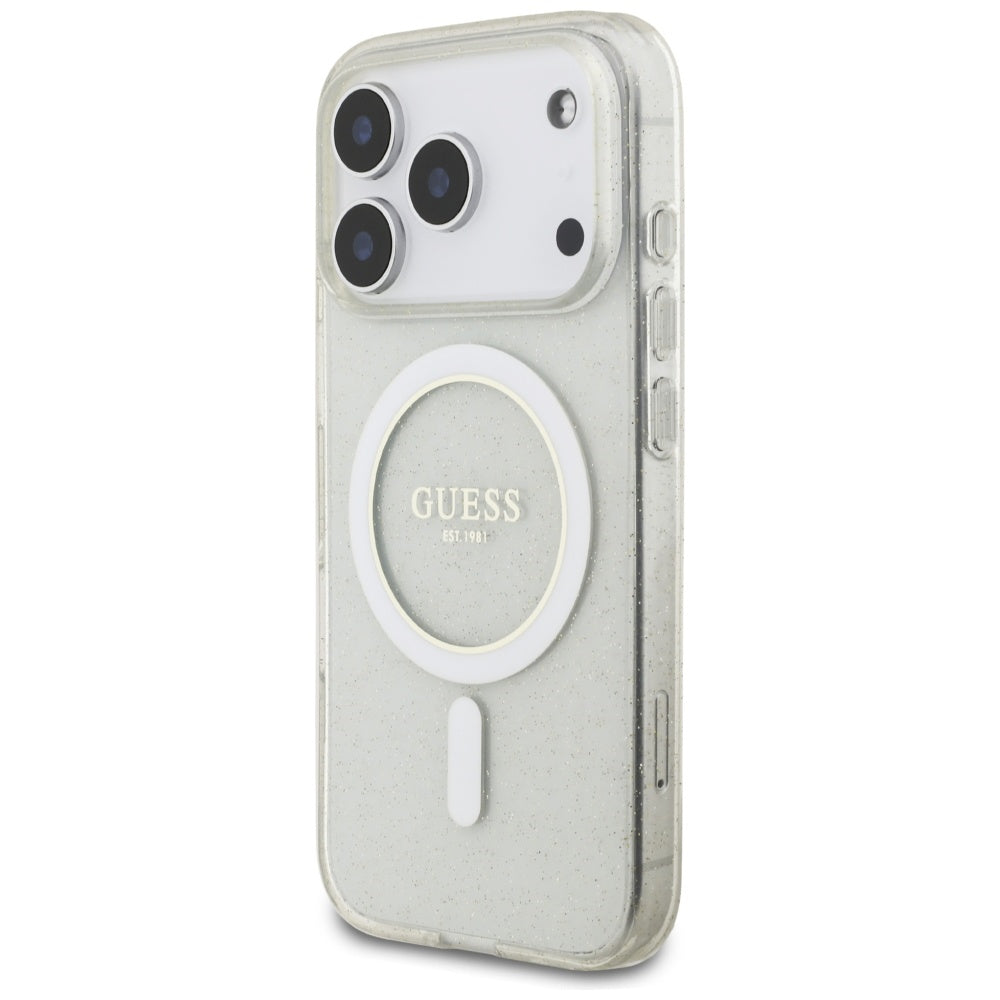 Futrola MagSafe za Apple iPhone 17 Pro Max, Guess, IML Glitter sa perl trakom, Transparentna