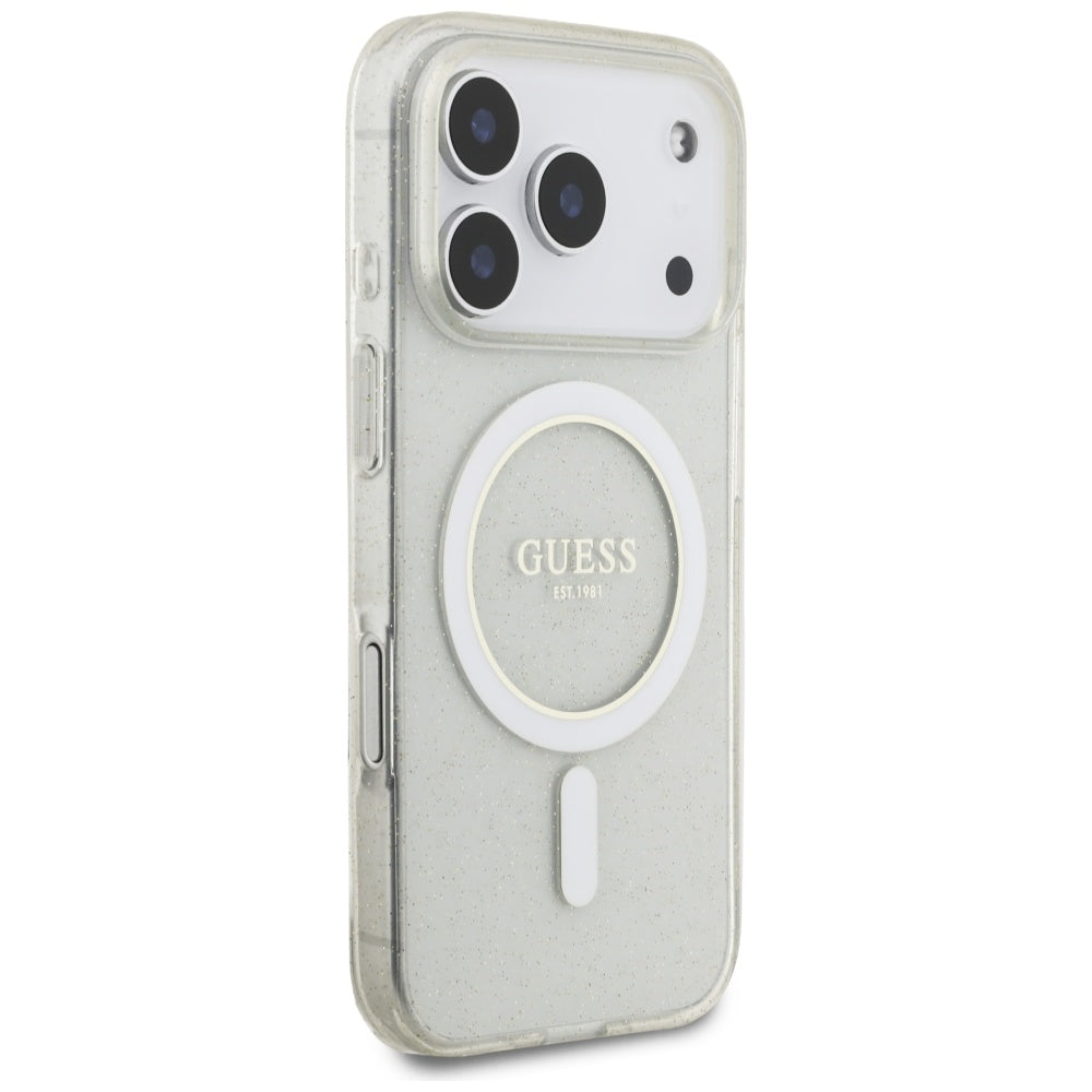 Futrola MagSafe za Apple iPhone 17 Pro Max, Guess, IML Glitter sa perl trakom, Transparentna