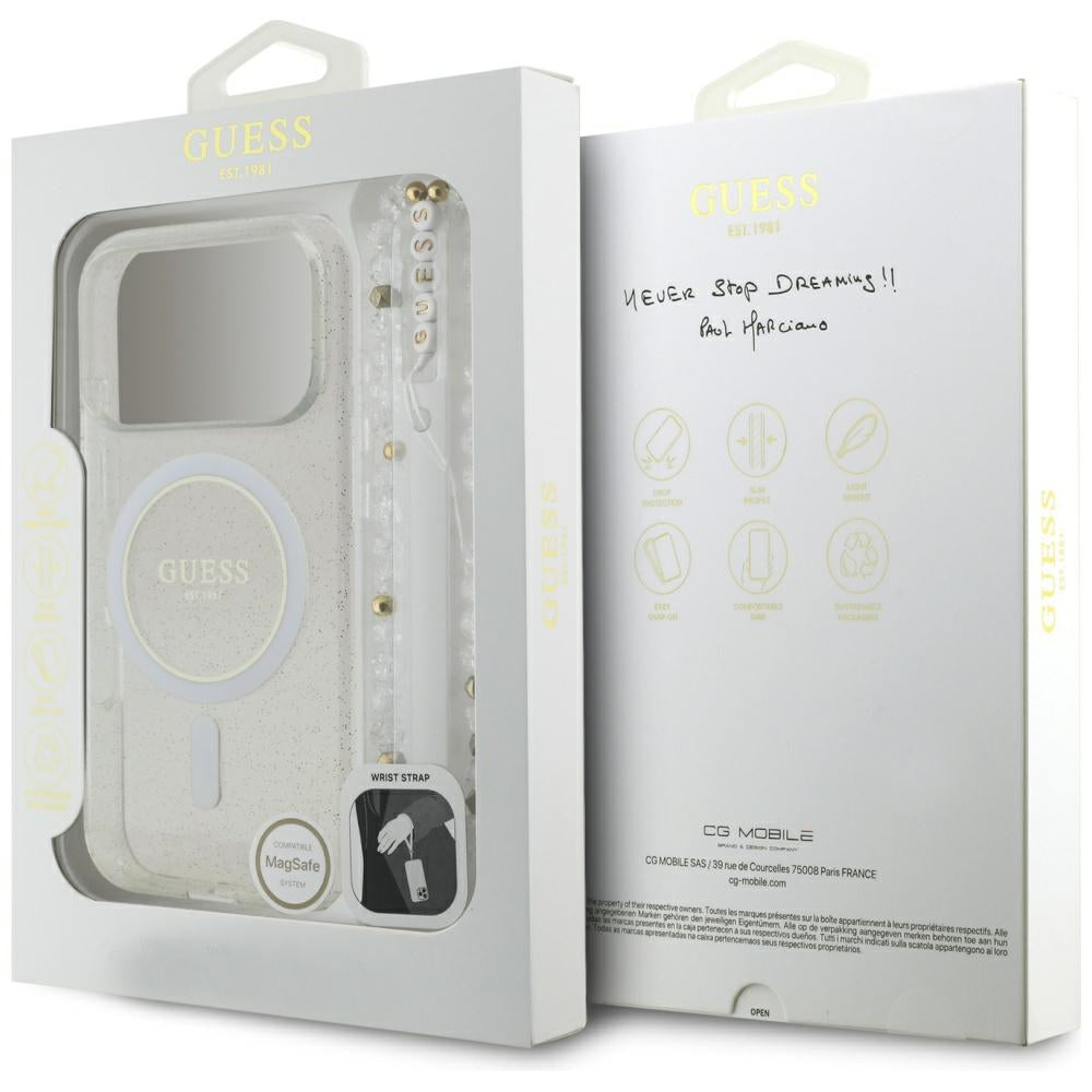 Futrola MagSafe za Apple iPhone 17 Pro Max, Guess, IML Glitter sa perl trakom, Transparentna
