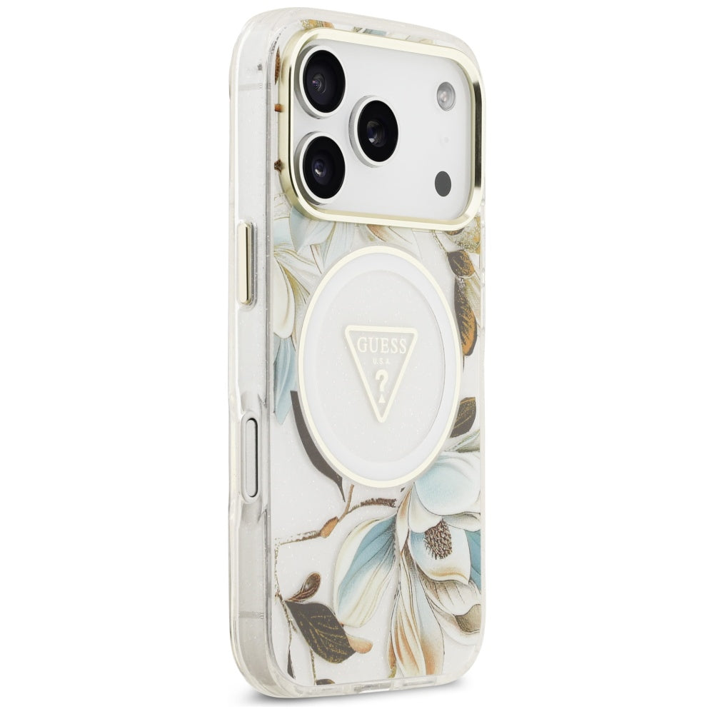 Futrola MagSafe za Apple iPhone 17 Pro Max, Guess, IML Metal Glitter Flowers Triangle, Bela