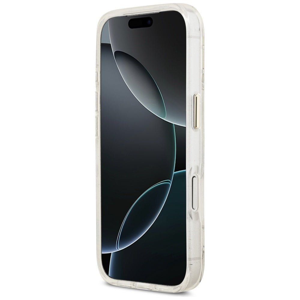 Futrola MagSafe za Apple iPhone 17 Pro Max, Guess, IML Metal Glitter Flowers Triangle, Bela