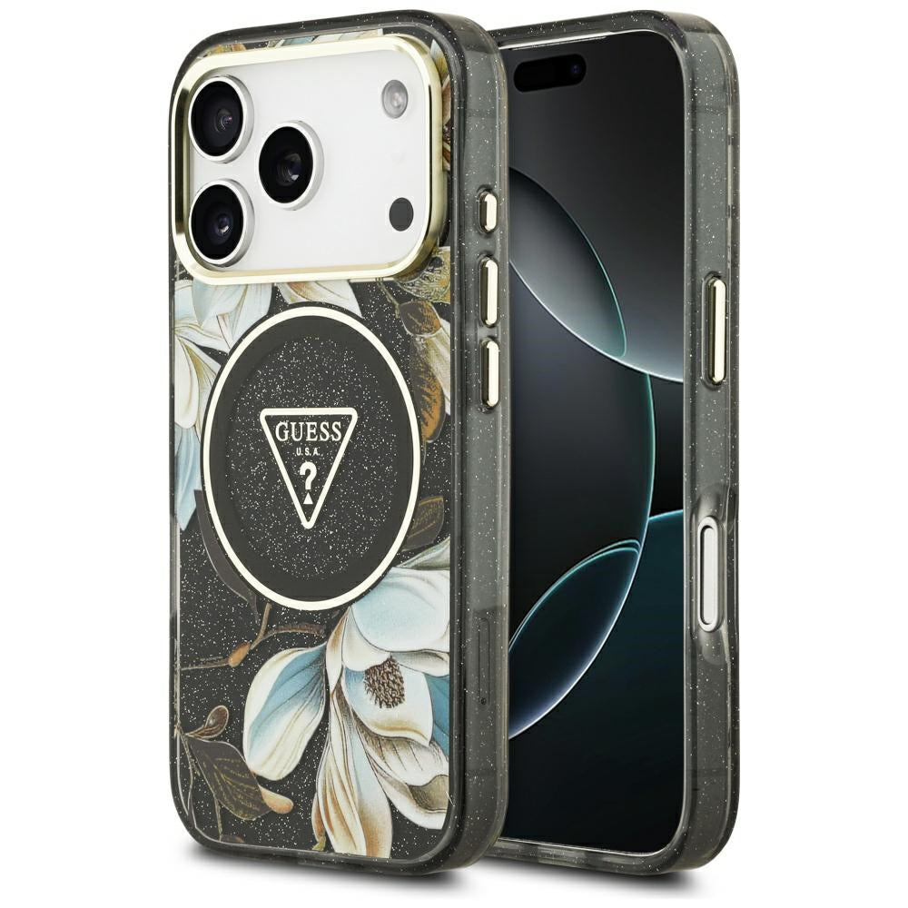 Futrola MagSafe za Apple iPhone 17 Pro Max, Guess, IML Metal Glitter Flowers Triangle, Crna