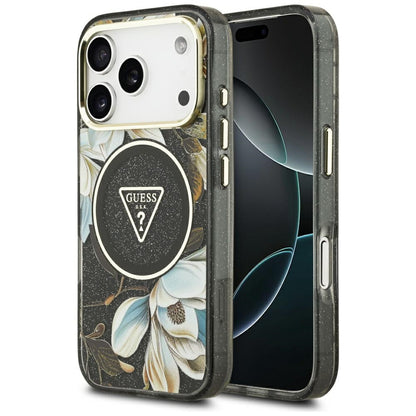 Futrola MagSafe za Apple iPhone 17 Pro Max, Guess, IML Metal Glitter Flowers Triangle, Crna