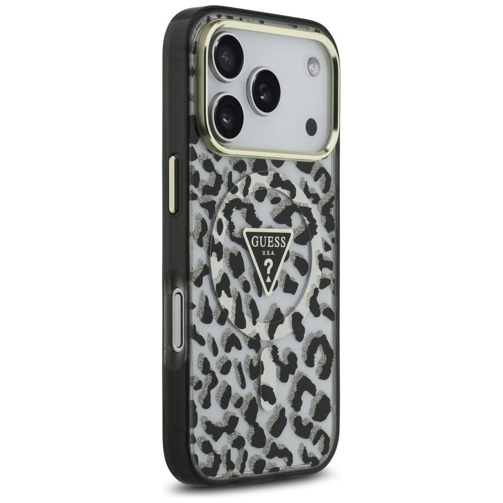 Futrola MagSafe za Apple iPhone 17 Pro Max, Guess, Leopard Glitter, Crna