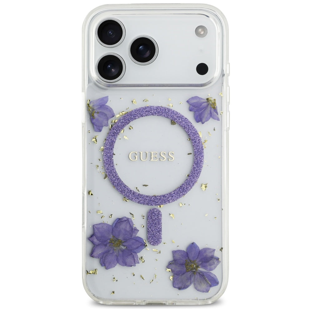 Futrola MagSafe za Apple iPhone 17 Pro Max, Guess, Resin Flowers and Glitter, Ljubičasta