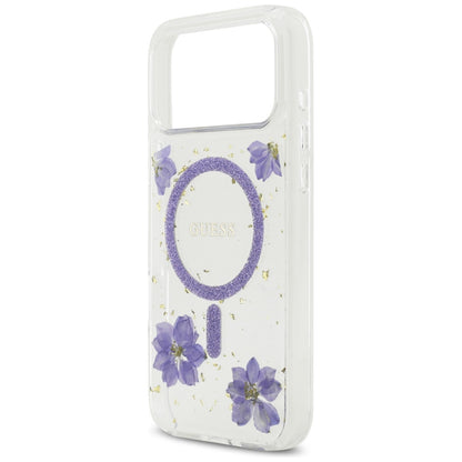 Futrola MagSafe za Apple iPhone 17 Pro Max, Guess, Resin Flowers and Glitter, Ljubičasta