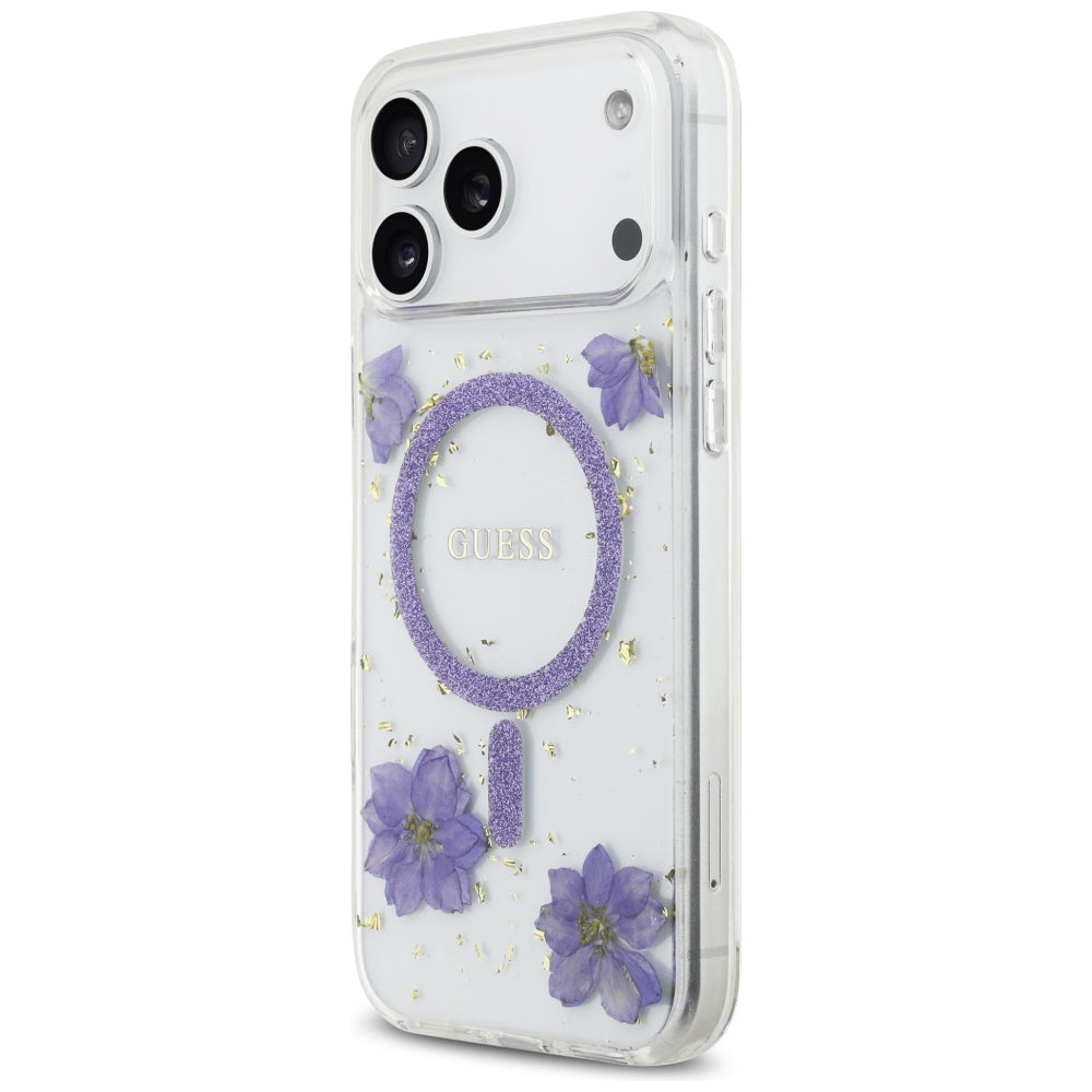 Futrola MagSafe za Apple iPhone 17 Pro Max, Guess, Resin Flowers and Glitter, Ljubičasta
