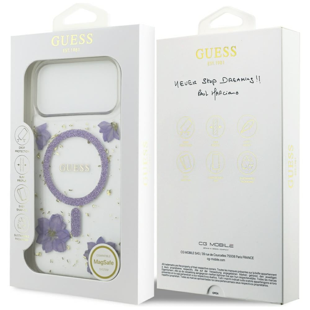 Futrola MagSafe za Apple iPhone 17 Pro Max, Guess, Resin Flowers and Glitter, Ljubičasta