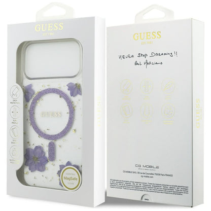 Futrola MagSafe za Apple iPhone 17 Pro Max, Guess, Resin Flowers and Glitter, Ljubičasta