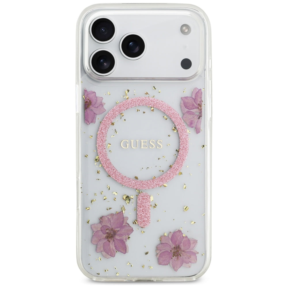 Futrola MagSafe za Apple iPhone 17 Pro Max, Guess, Resin Flowers and Glitter, Roze