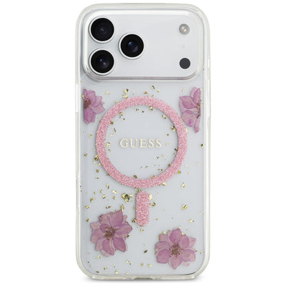 Futrola MagSafe za Apple iPhone 17 Pro Max, Guess, Resin Flowers and Glitter, Roze
