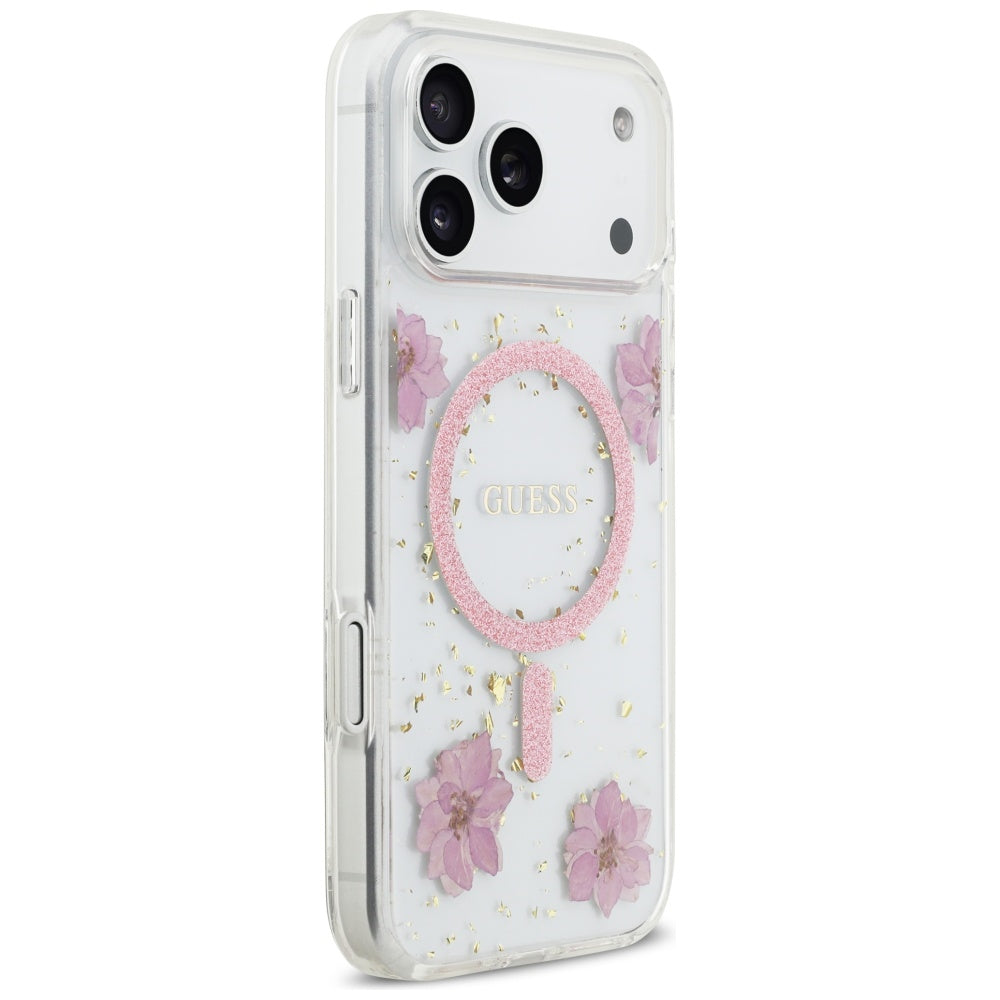 Futrola MagSafe za Apple iPhone 17 Pro Max, Guess, Resin Flowers and Glitter, Roze