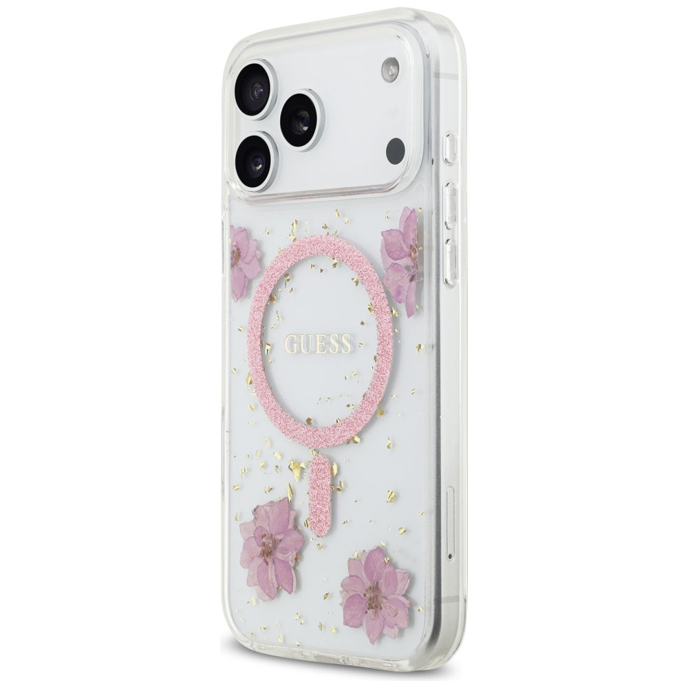 Futrola MagSafe za Apple iPhone 17 Pro Max, Guess, Resin Flowers and Glitter, Roze