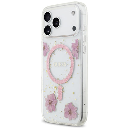 Futrola MagSafe za Apple iPhone 17 Pro Max, Guess, Resin Flowers and Glitter, Roze