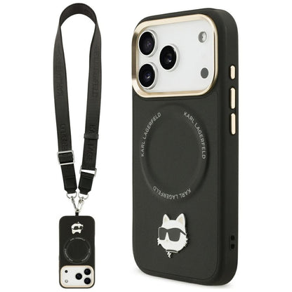 Futrola MagSafe za Apple iPhone 17 Pro Max, Karl Lagerfeld, Big Strap Choupette Metal Logo, Crna